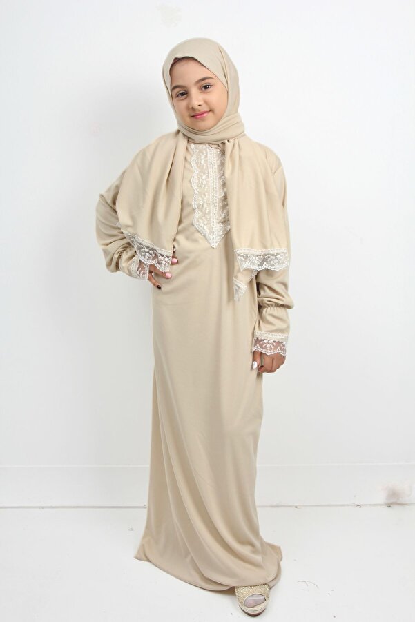 Krem Dantelli Kız Çocuk Namaz Elbisesi