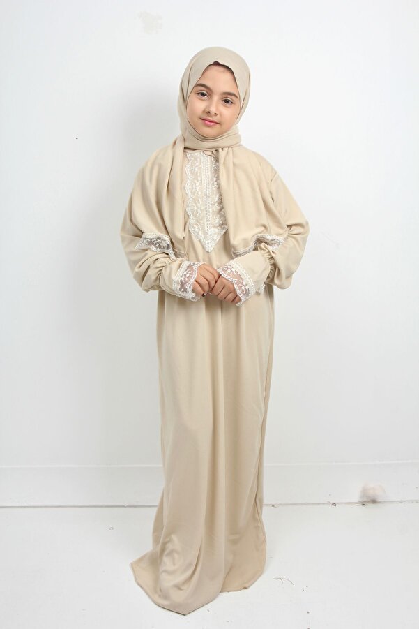 Krem Dantelli Kız Çocuk Namaz Elbisesi