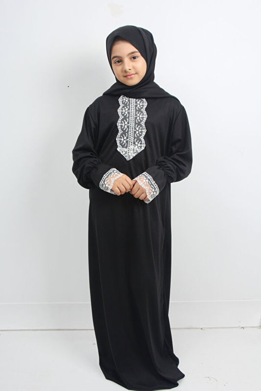 Siyah Dantelli Kız Çocuk Namaz Elbisesi