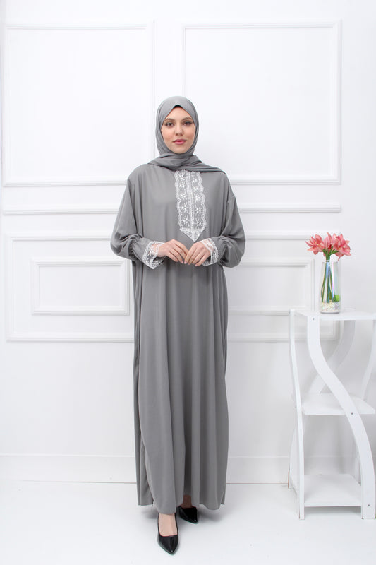 Gri Premium Dantelli Namaz Elbisesi