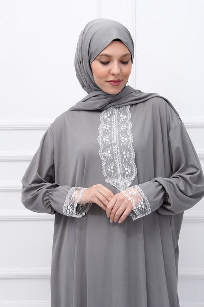 Gri Premium Dantelli Namaz Elbisesi