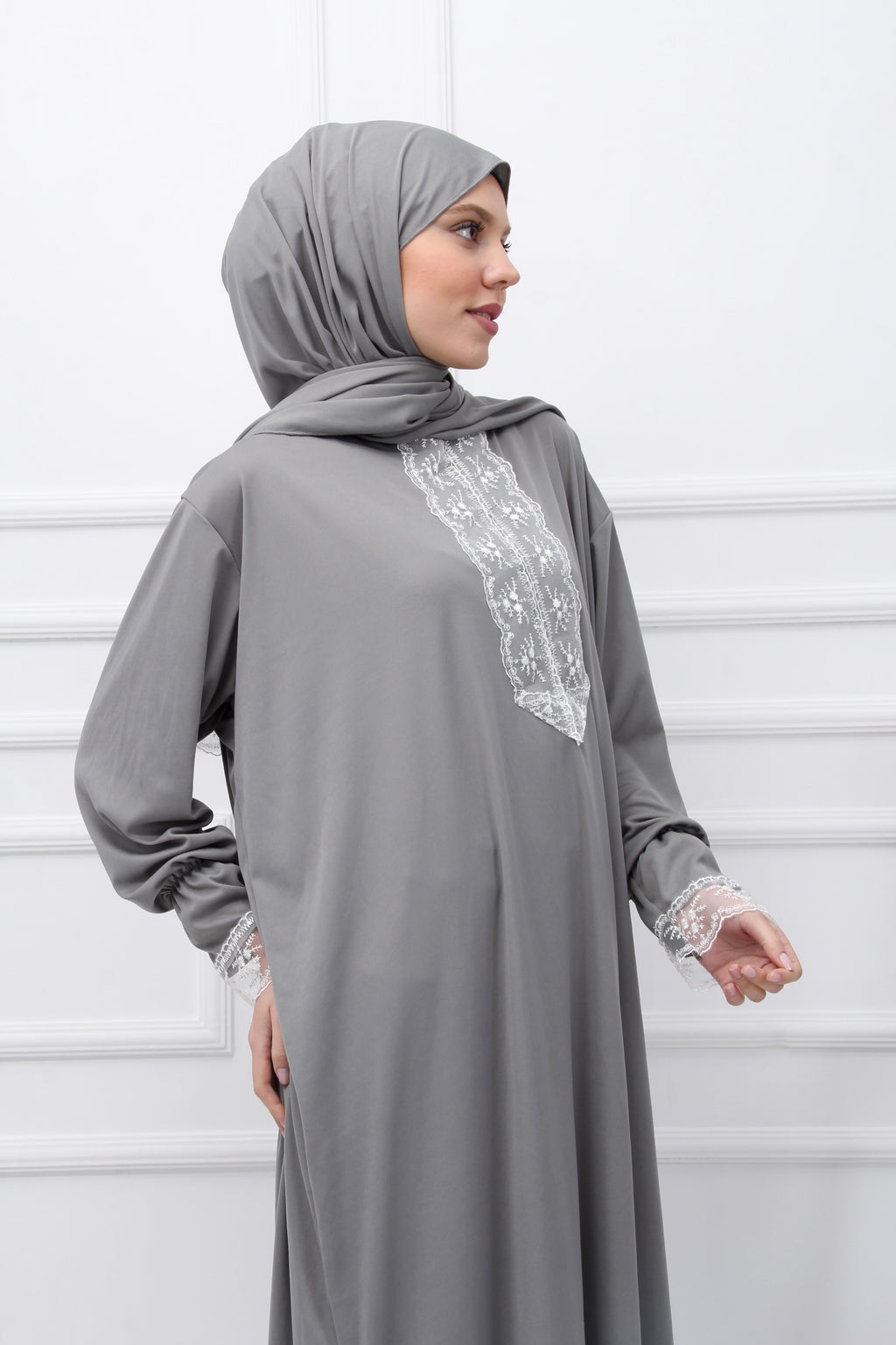 Gri Premium Dantelli Namaz Elbisesi
