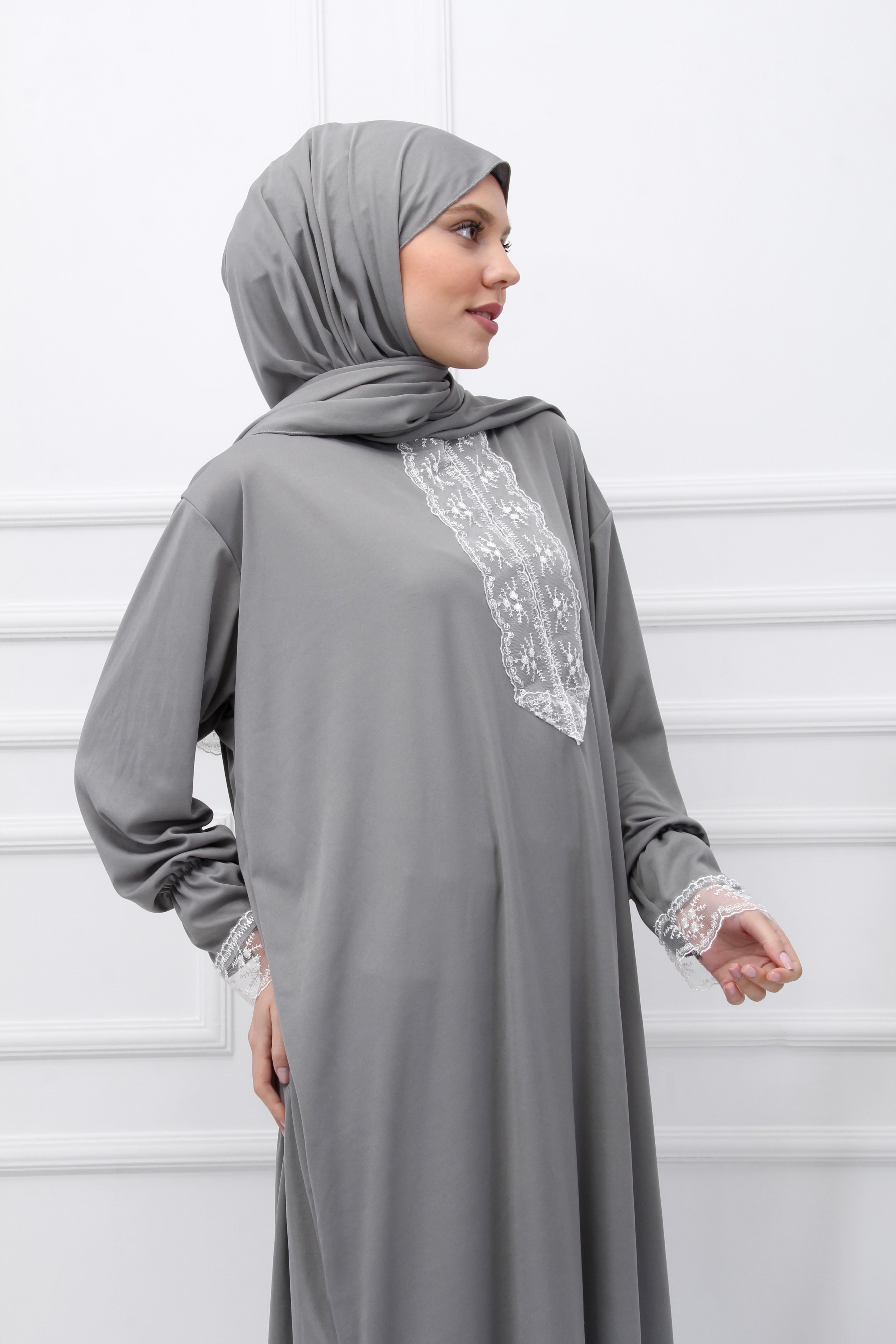 Gri Premium Dantelli Namaz Elbisesi