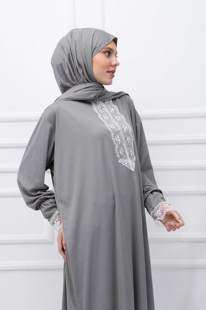 Gri Premium Dantelli Namaz Elbisesi