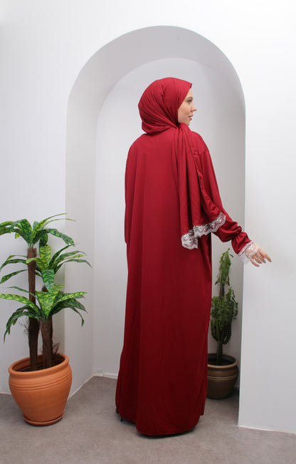 Kırmızı Premium Dantelli Namaz Elbisesi