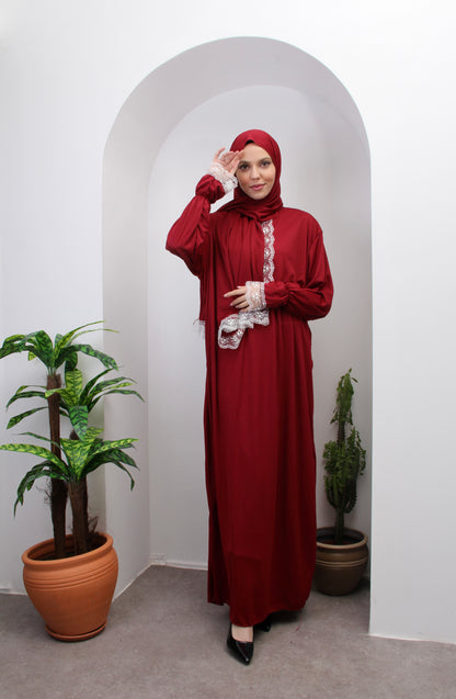 Kırmızı Premium Dantelli Namaz Elbisesi