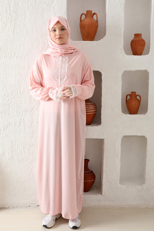 Pembe Premium Dantelli Namaz Elbisesi